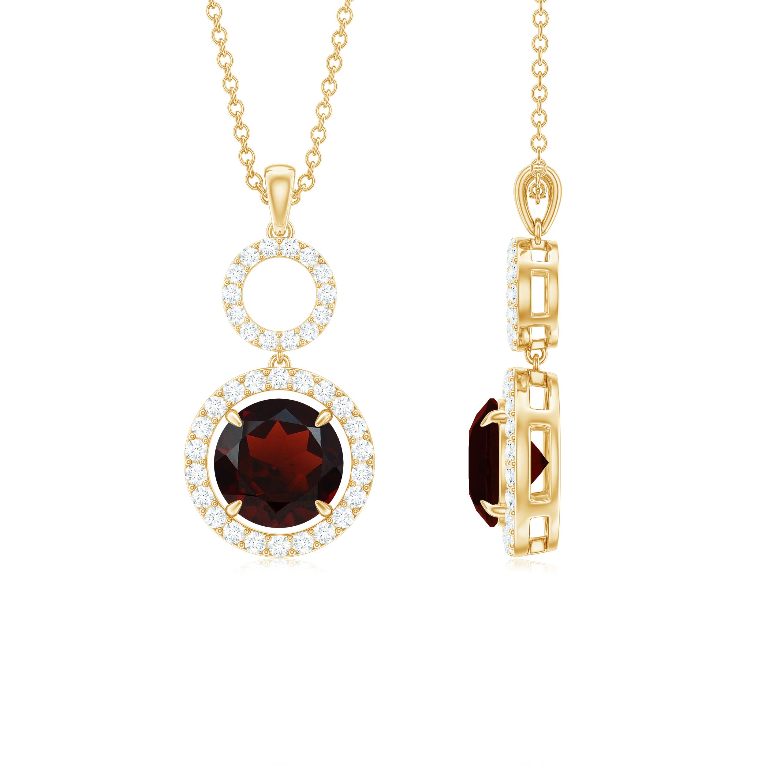 3 CT Round Garnet Dangle Pendant with Diamond Halo Garnet - ( AAA ) - Quality - Rosec Jewels