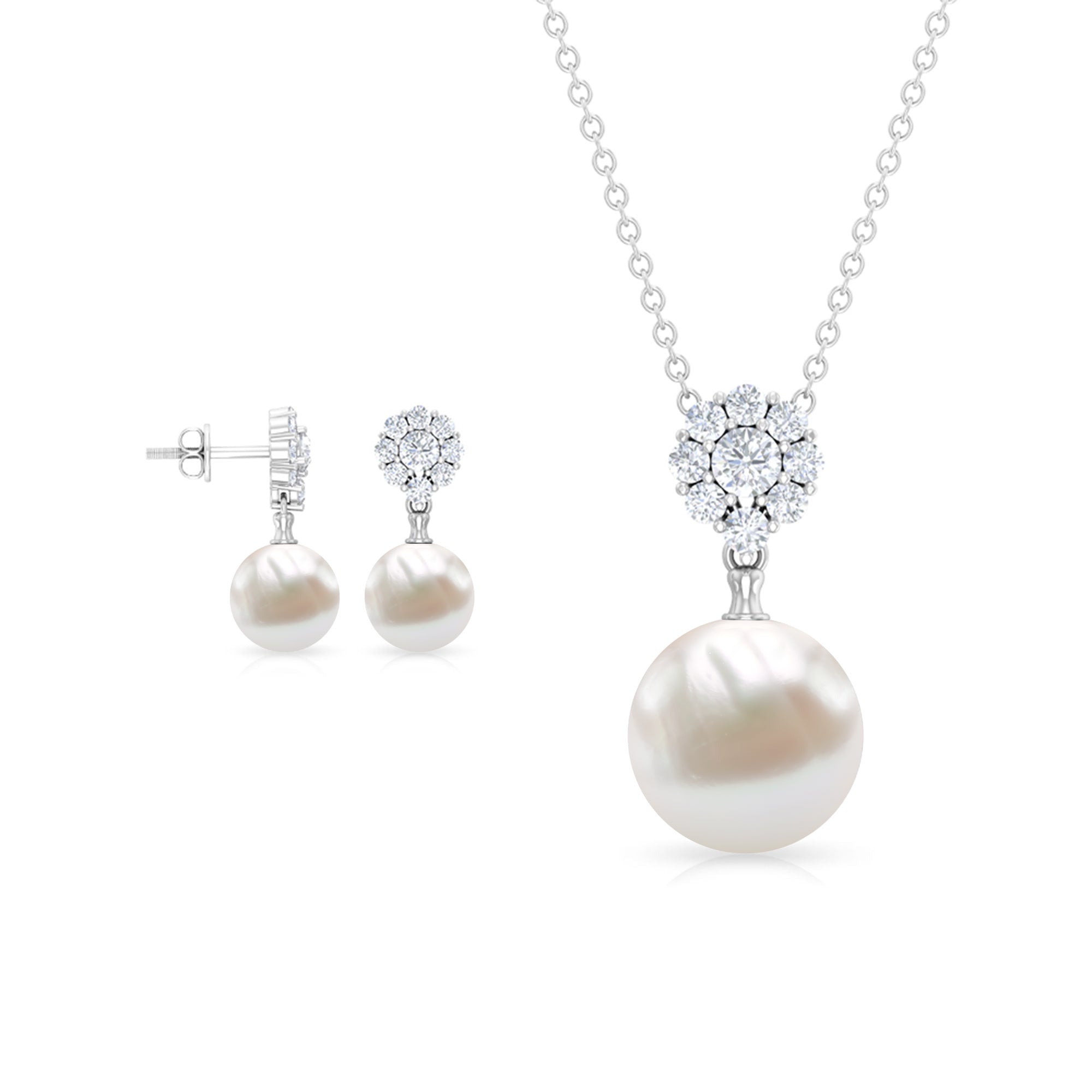 24 CT Moissanite Flower and Freshwater Pearl Drop Jewelry Set Freshwater Pearl - ( AAA ) - Quality - Rosec Jewels