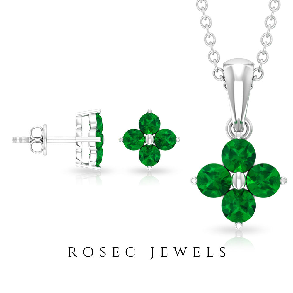 Simple Floral Jewelry Set with Emerald Emerald - ( AAA ) - Quality - Rosec Jewels