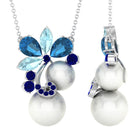 Blue Topaz and Sapphire Cocktail Floral Necklace with Freshwater Pearl Freshwater Pearl - ( AAA ) - Quality - Rosec Jewels