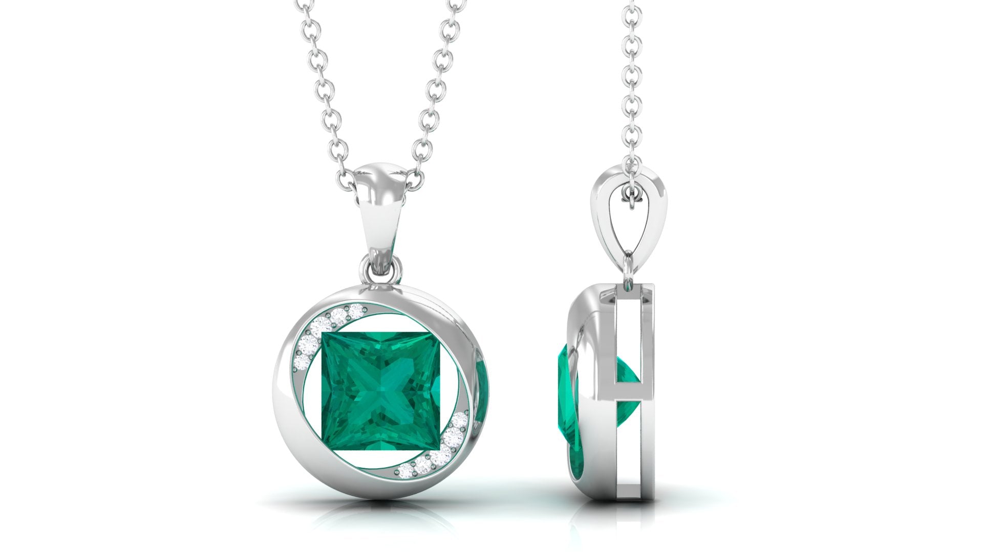 Created Emerald Solitaire Pendant Necklace with Diamond Lab Created Emerald - ( AAAA ) - Quality - Rosec Jewels