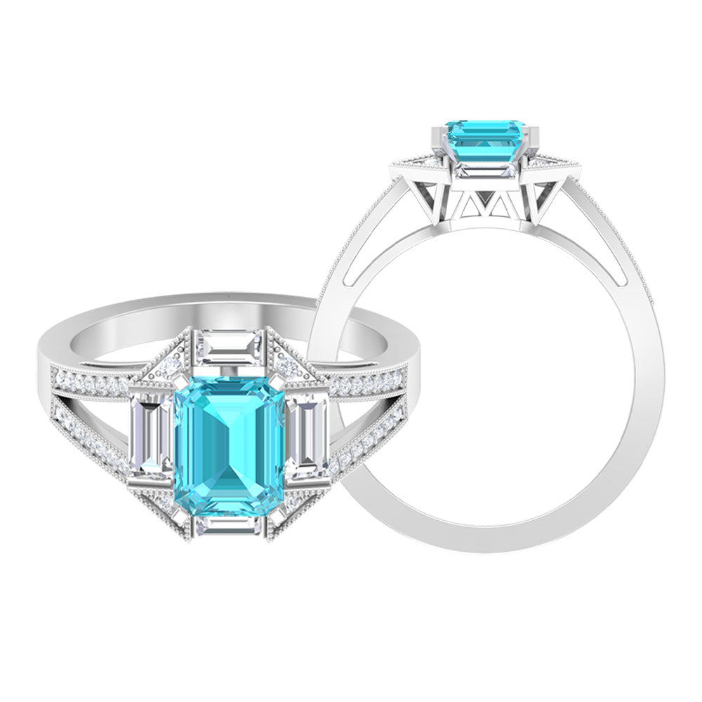 2.5 CT Octagon Swiss Blue Topaz Art Deco Engagement Ring with Moissanite Swiss Blue Topaz - ( AAA ) - Quality - Rosec Jewels