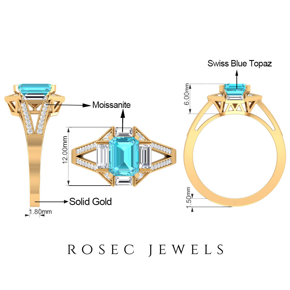 2.5 CT Octagon Swiss Blue Topaz Art Deco Engagement Ring with Moissanite Swiss Blue Topaz - ( AAA ) - Quality - Rosec Jewels