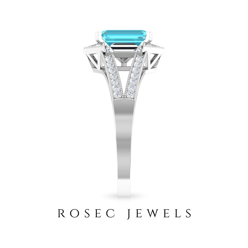 2.5 CT Octagon Swiss Blue Topaz Art Deco Engagement Ring with Moissanite Swiss Blue Topaz - ( AAA ) - Quality - Rosec Jewels