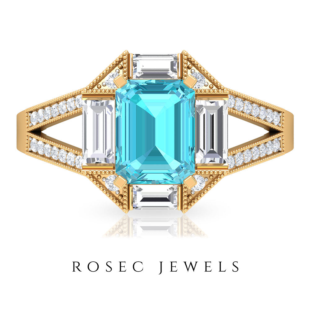 2.5 CT Octagon Swiss Blue Topaz Art Deco Engagement Ring with Moissanite Swiss Blue Topaz - ( AAA ) - Quality - Rosec Jewels