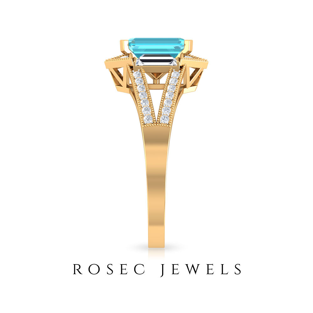 2.5 CT Octagon Swiss Blue Topaz Art Deco Engagement Ring with Moissanite Swiss Blue Topaz - ( AAA ) - Quality - Rosec Jewels