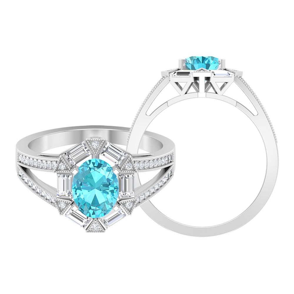 1.75 CT Oval Swiss Blue Topaz Art Deco Engagement Ring with Moissanite Swiss Blue Topaz - ( AAA ) - Quality - Rosec Jewels