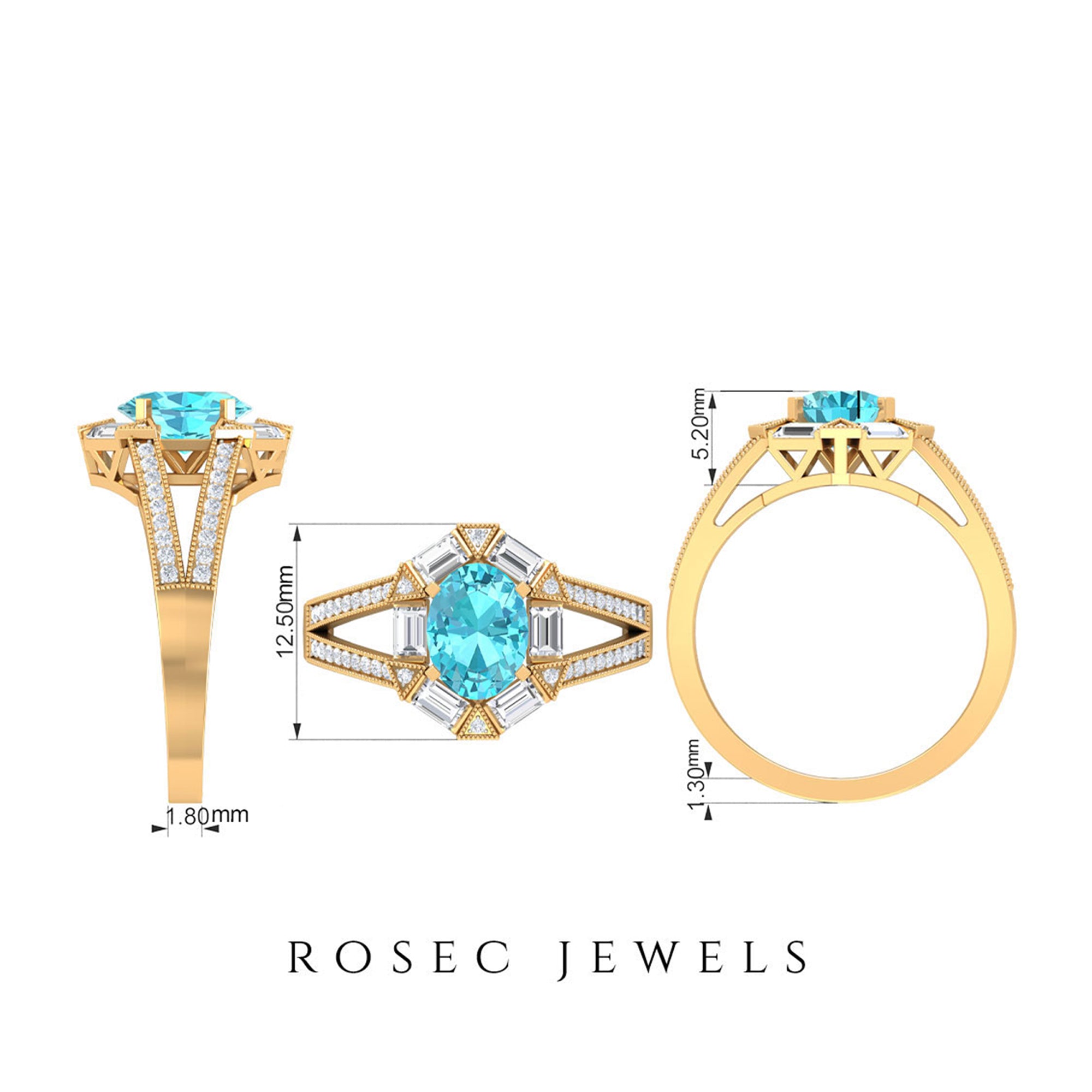 1.75 CT Oval Swiss Blue Topaz Art Deco Engagement Ring with Moissanite Swiss Blue Topaz - ( AAA ) - Quality - Rosec Jewels