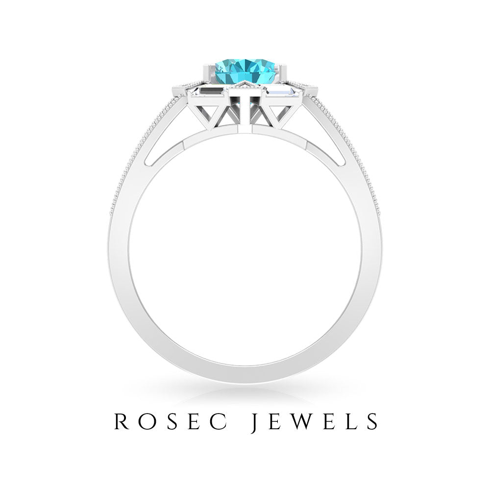 1.75 CT Oval Swiss Blue Topaz Art Deco Engagement Ring with Moissanite Swiss Blue Topaz - ( AAA ) - Quality - Rosec Jewels