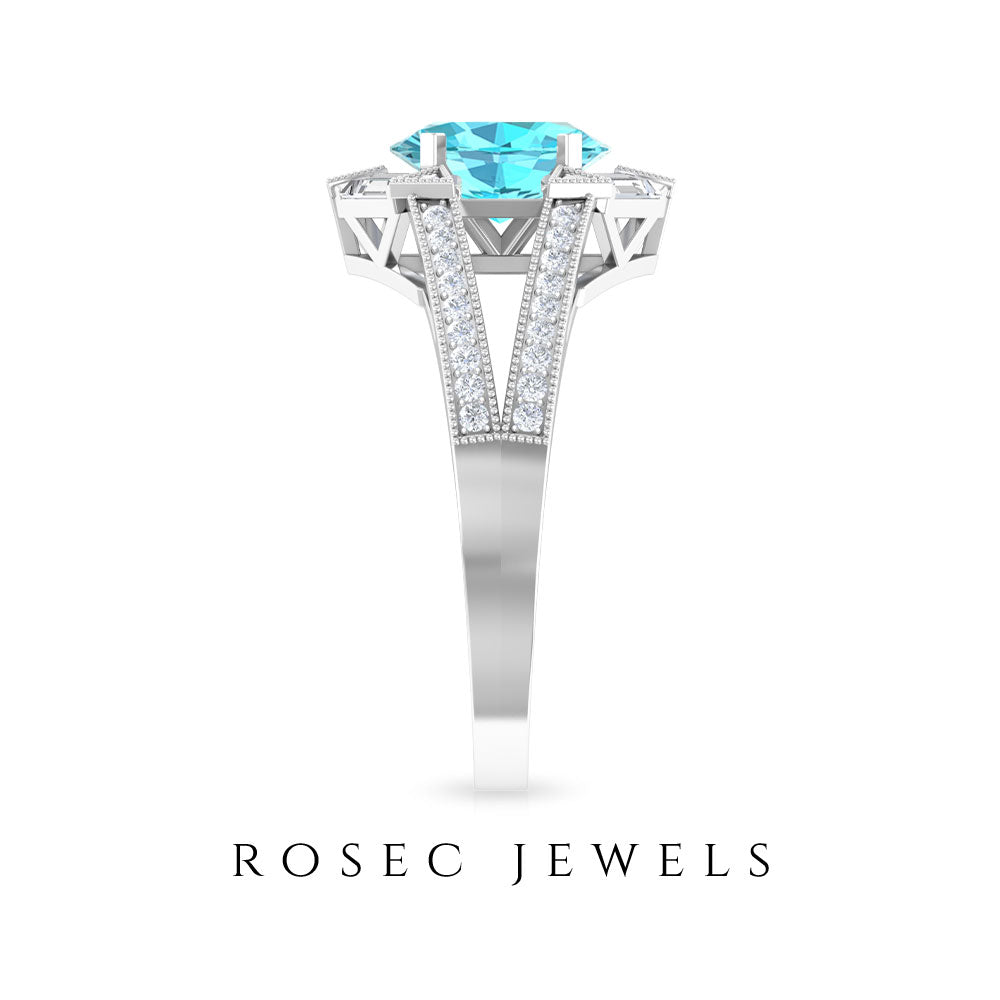 1.75 CT Oval Swiss Blue Topaz Art Deco Engagement Ring with Moissanite Swiss Blue Topaz - ( AAA ) - Quality - Rosec Jewels