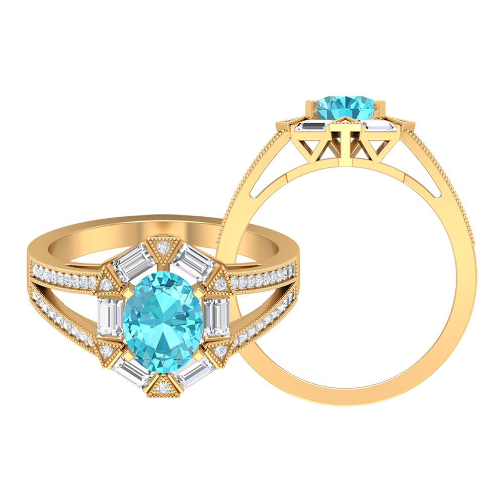 1.75 CT Oval Swiss Blue Topaz Art Deco Engagement Ring with Moissanite Swiss Blue Topaz - ( AAA ) - Quality - Rosec Jewels