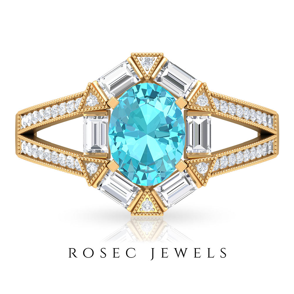 1.75 CT Oval Swiss Blue Topaz Art Deco Engagement Ring with Moissanite Swiss Blue Topaz - ( AAA ) - Quality - Rosec Jewels