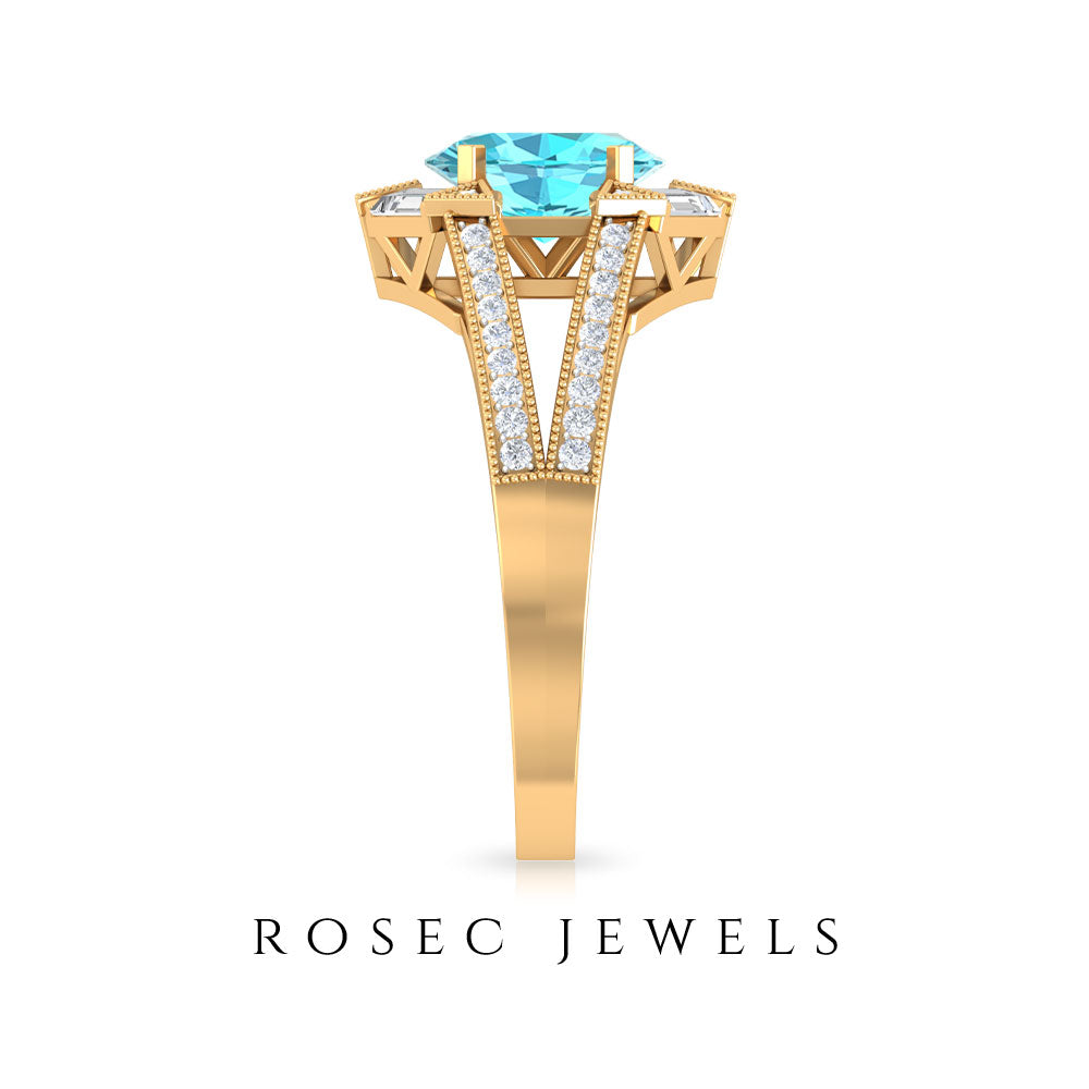 1.75 CT Oval Swiss Blue Topaz Art Deco Engagement Ring with Moissanite Swiss Blue Topaz - ( AAA ) - Quality - Rosec Jewels