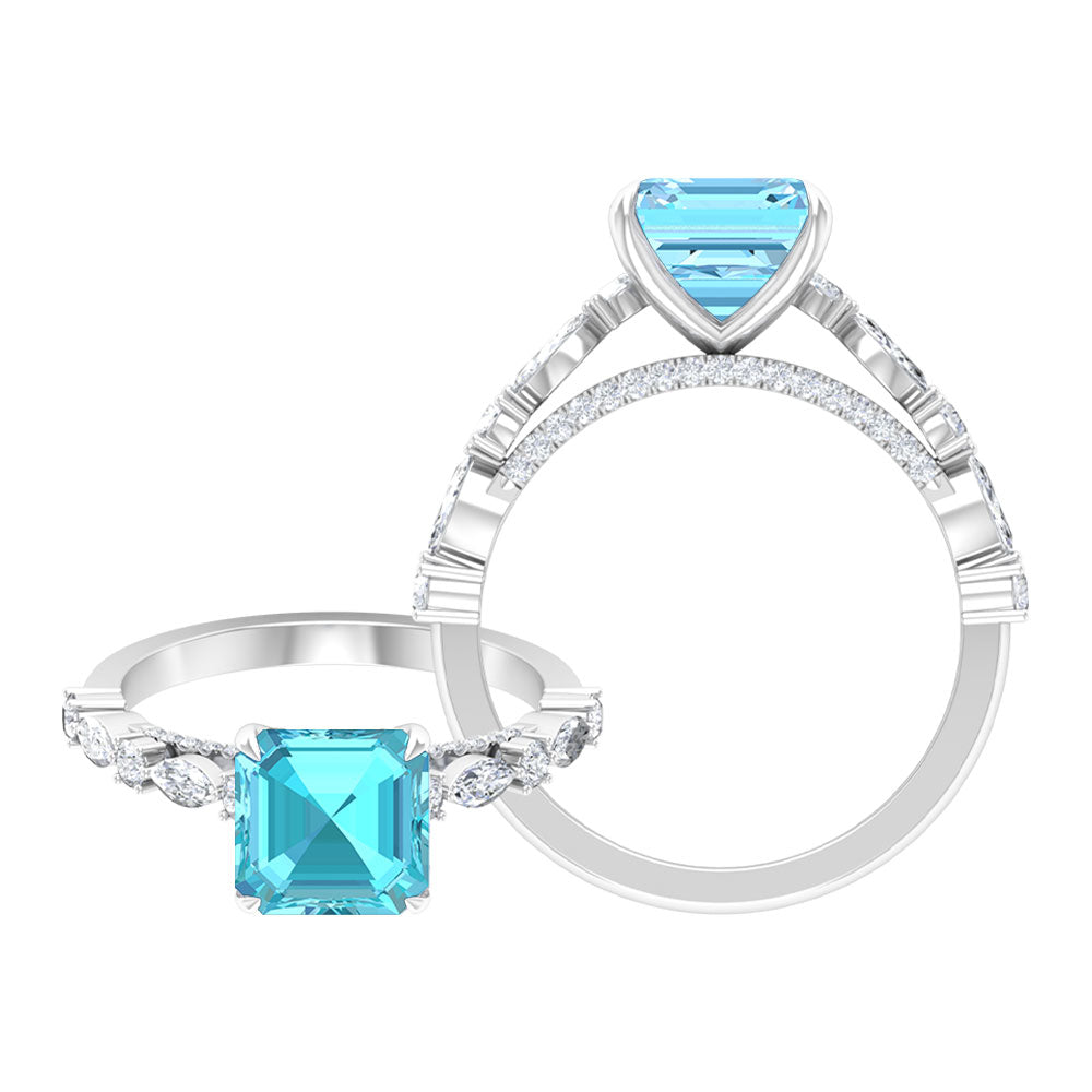 4 CT Asscher Cut Swiss Blue Topaz Solitaire Ring with Moissanite Swiss Blue Topaz - ( AAA ) - Quality - Rosec Jewels