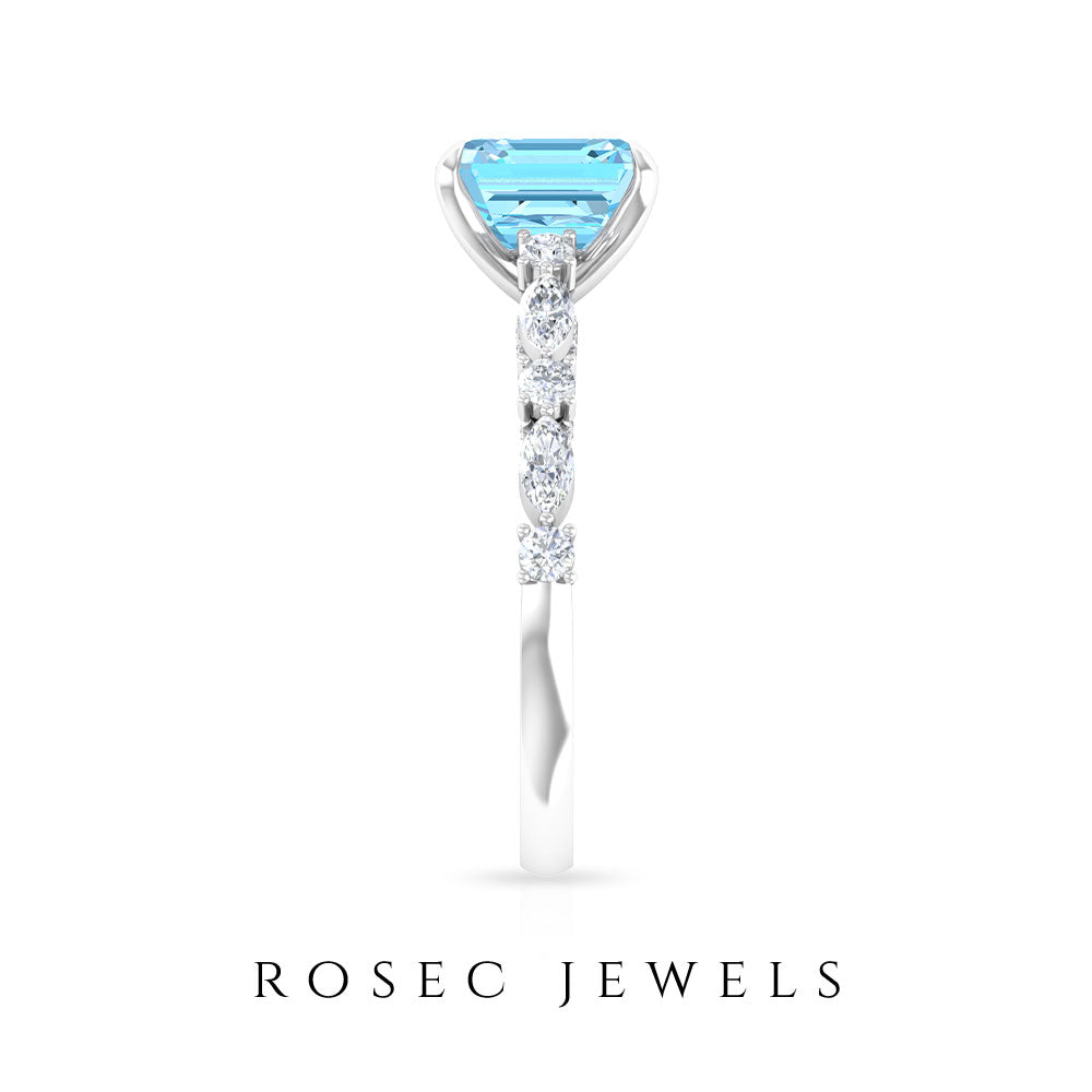 4 CT Asscher Cut Swiss Blue Topaz Solitaire Ring with Moissanite Swiss Blue Topaz - ( AAA ) - Quality - Rosec Jewels