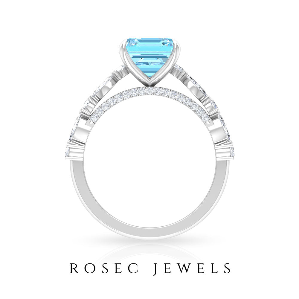 4 CT Asscher Cut Swiss Blue Topaz Solitaire Ring with Moissanite Swiss Blue Topaz - ( AAA ) - Quality - Rosec Jewels