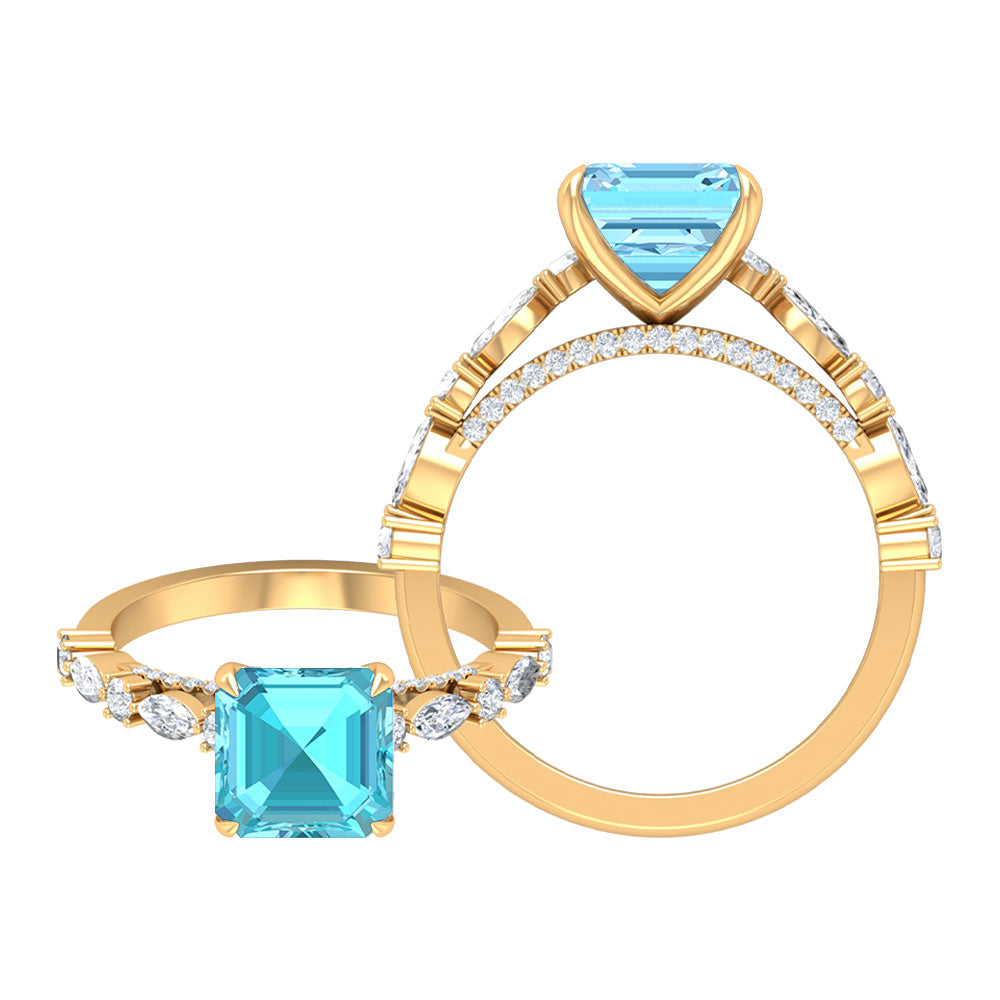 4 CT Asscher Cut Swiss Blue Topaz Solitaire Ring with Moissanite Swiss Blue Topaz - ( AAA ) - Quality - Rosec Jewels