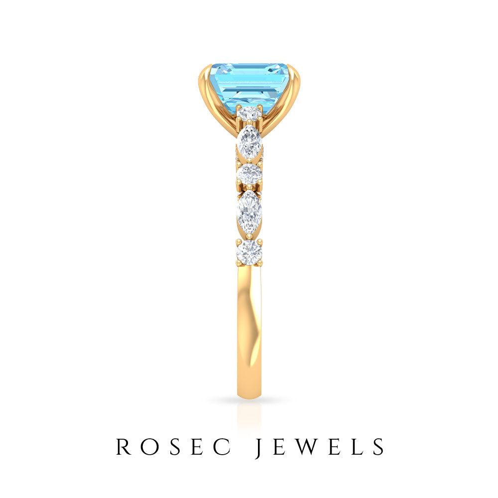 4 CT Asscher Cut Swiss Blue Topaz Solitaire Ring with Moissanite Swiss Blue Topaz - ( AAA ) - Quality - Rosec Jewels