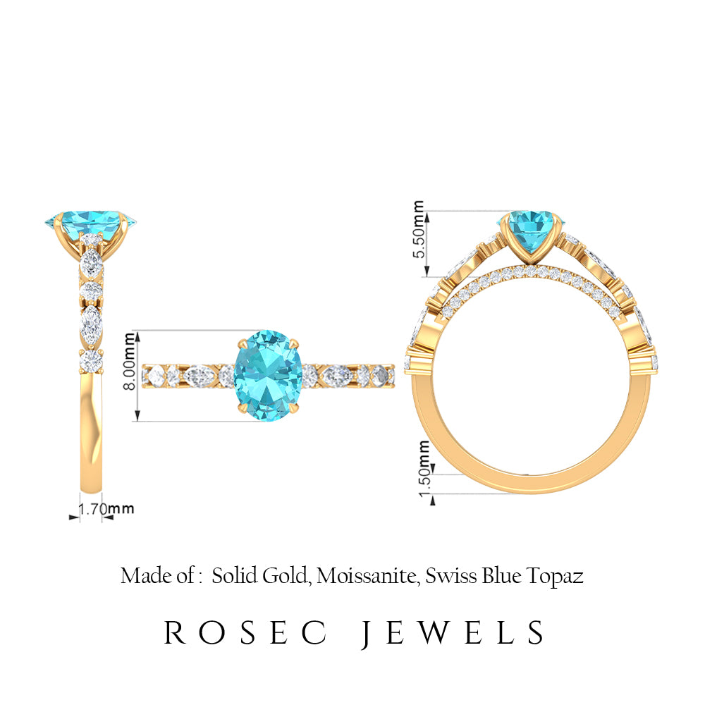 2 CT Oval Cut Swiss Blue Topaz Solitaire Engagement Ring with Moissanite Swiss Blue Topaz - ( AAA ) - Quality - Rosec Jewels