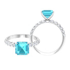 Asscher Cut Swiss Blue Topaz and Diamond Side Stones Ring Swiss Blue Topaz - ( AAA ) - Quality - Rosec Jewels