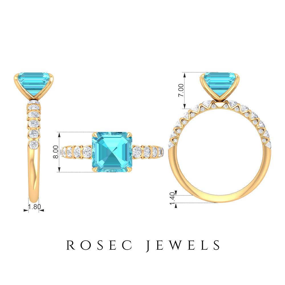 Asscher Cut Swiss Blue Topaz and Diamond Side Stones Ring Swiss Blue Topaz - ( AAA ) - Quality - Rosec Jewels