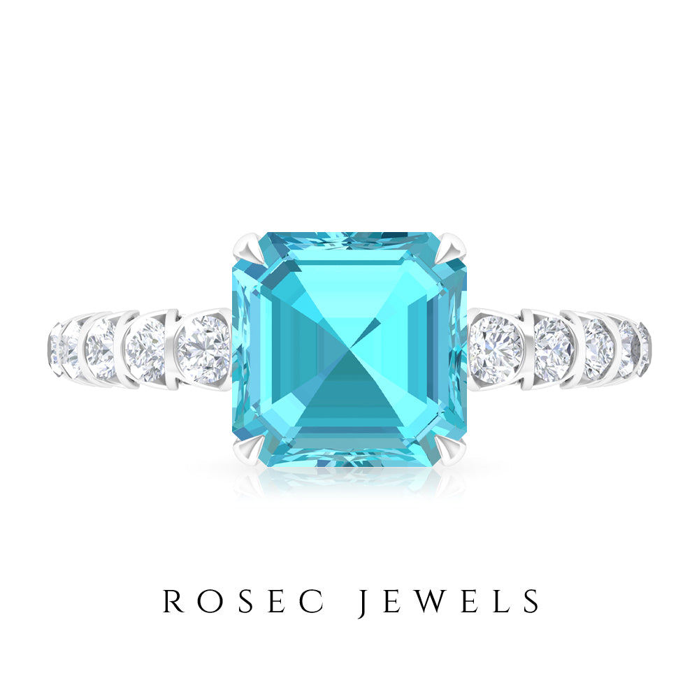 Asscher Cut Swiss Blue Topaz and Diamond Side Stones Ring Swiss Blue Topaz - ( AAA ) - Quality - Rosec Jewels