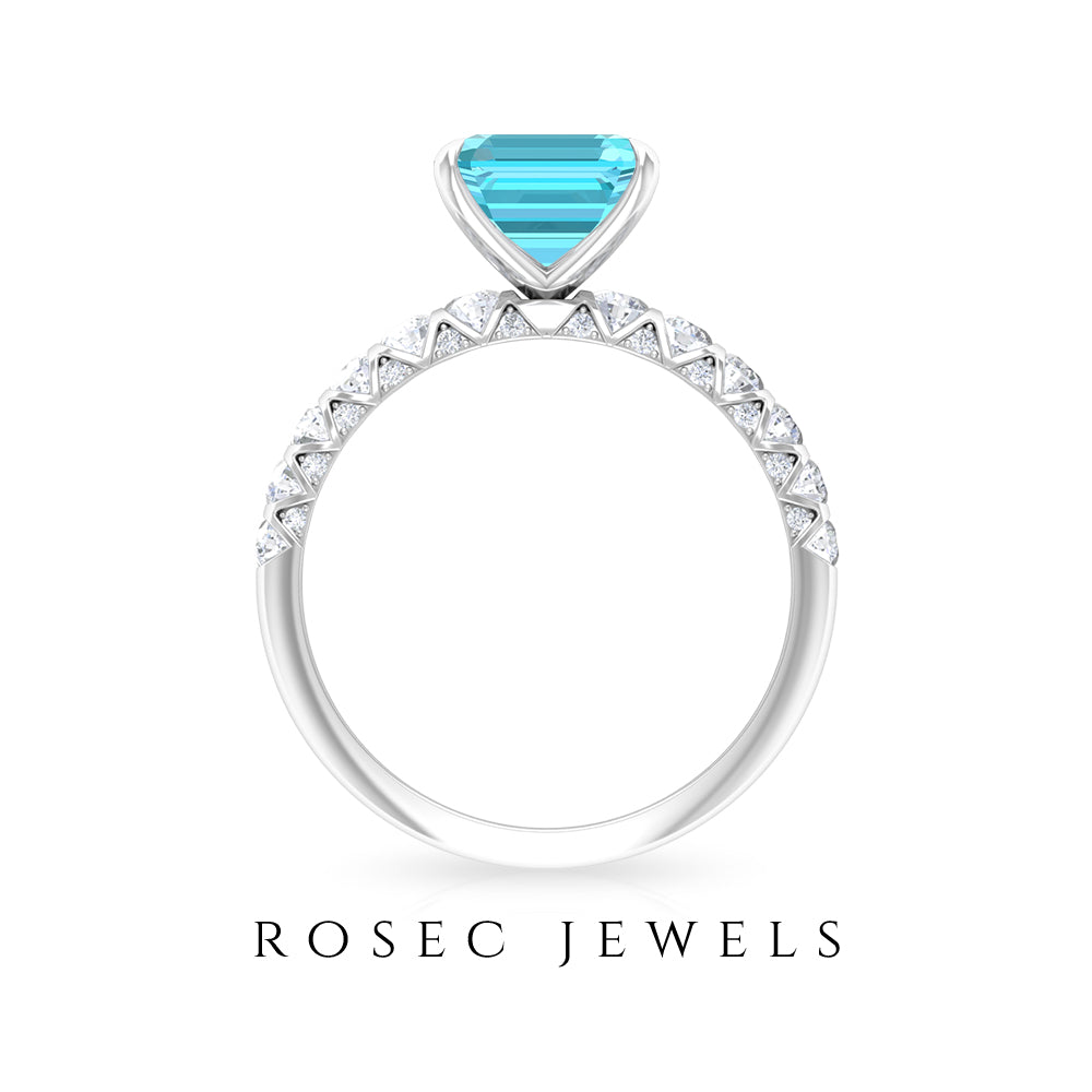 Asscher Cut Swiss Blue Topaz and Diamond Side Stones Ring Swiss Blue Topaz - ( AAA ) - Quality - Rosec Jewels