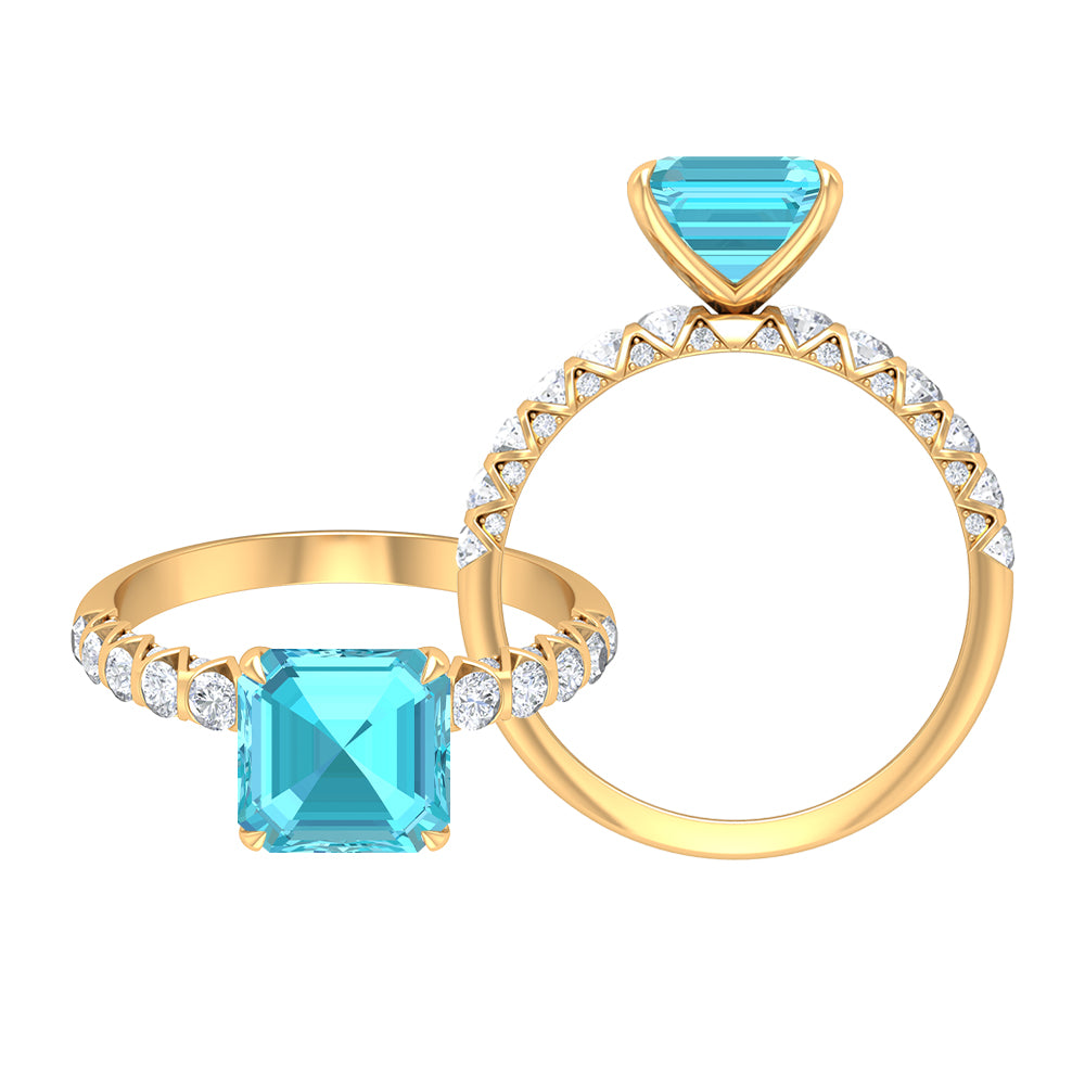 Asscher Cut Swiss Blue Topaz and Diamond Side Stones Ring Swiss Blue Topaz - ( AAA ) - Quality - Rosec Jewels