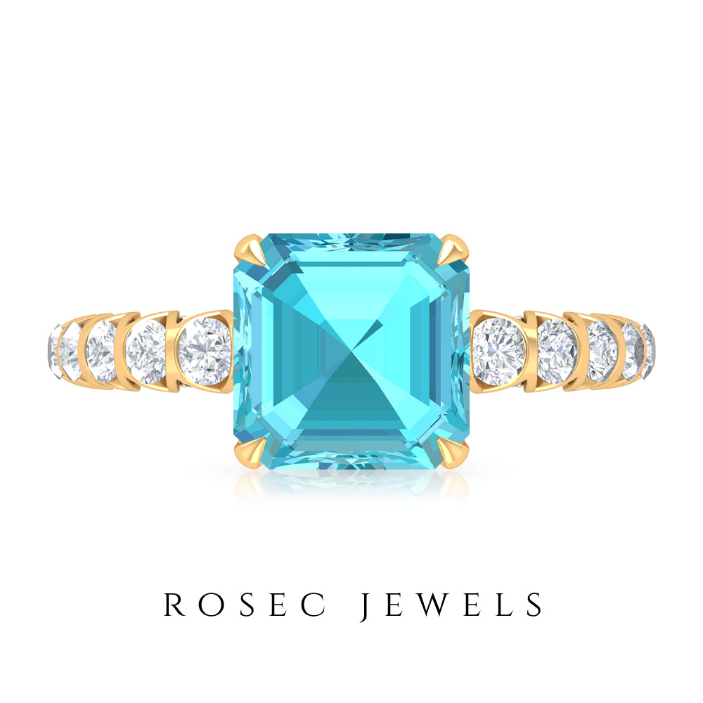 Asscher Cut Swiss Blue Topaz and Diamond Side Stones Ring Swiss Blue Topaz - ( AAA ) - Quality - Rosec Jewels