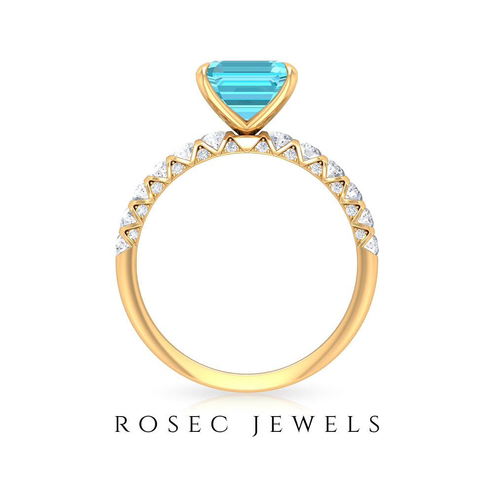 Asscher Cut Swiss Blue Topaz and Diamond Side Stones Ring Swiss Blue Topaz - ( AAA ) - Quality - Rosec Jewels