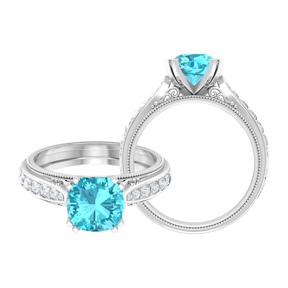 3 CT Cushion Cut Swiss Blue Topaz Vintage Engagement Ring with Side Stones Swiss Blue Topaz - ( AAA ) - Quality - Rosec Jewels