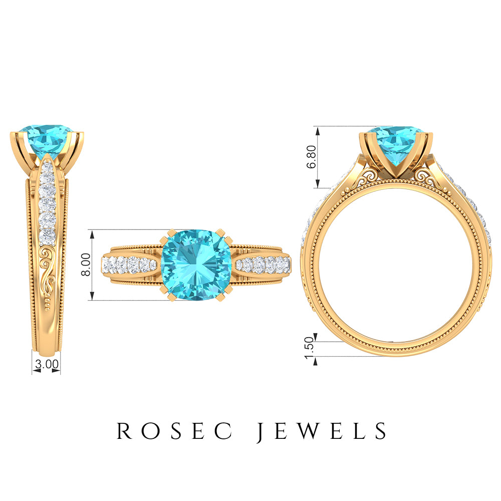 3 CT Cushion Cut Swiss Blue Topaz Vintage Engagement Ring with Side Stones Swiss Blue Topaz - ( AAA ) - Quality - Rosec Jewels