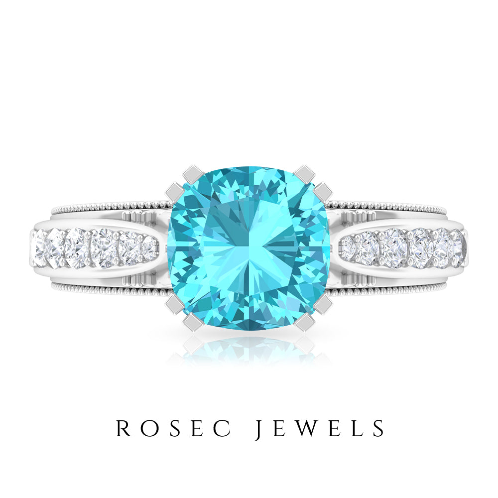 3 CT Cushion Cut Swiss Blue Topaz Vintage Engagement Ring with Side Stones Swiss Blue Topaz - ( AAA ) - Quality - Rosec Jewels