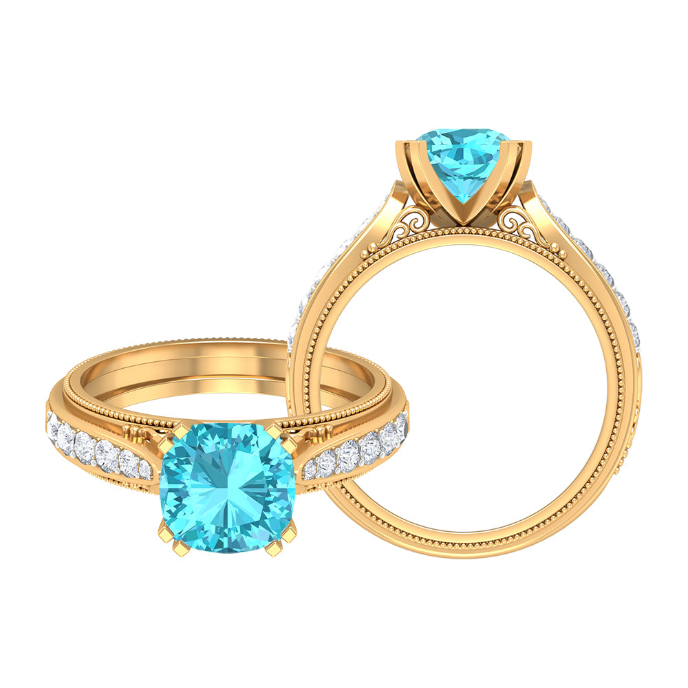 3 CT Cushion Cut Swiss Blue Topaz Vintage Engagement Ring with Side Stones Swiss Blue Topaz - ( AAA ) - Quality - Rosec Jewels