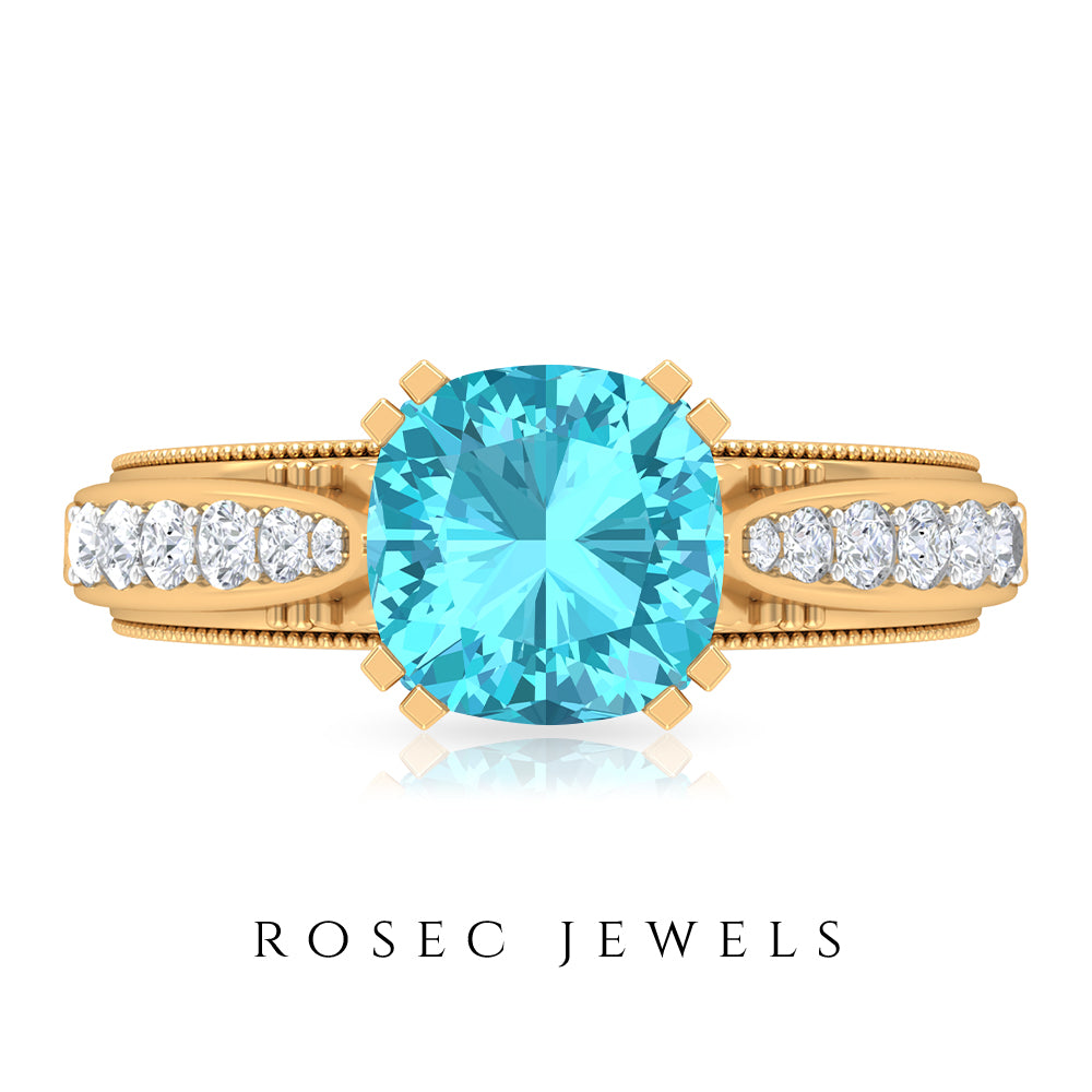 3 CT Cushion Cut Swiss Blue Topaz Vintage Engagement Ring with Side Stones Swiss Blue Topaz - ( AAA ) - Quality - Rosec Jewels