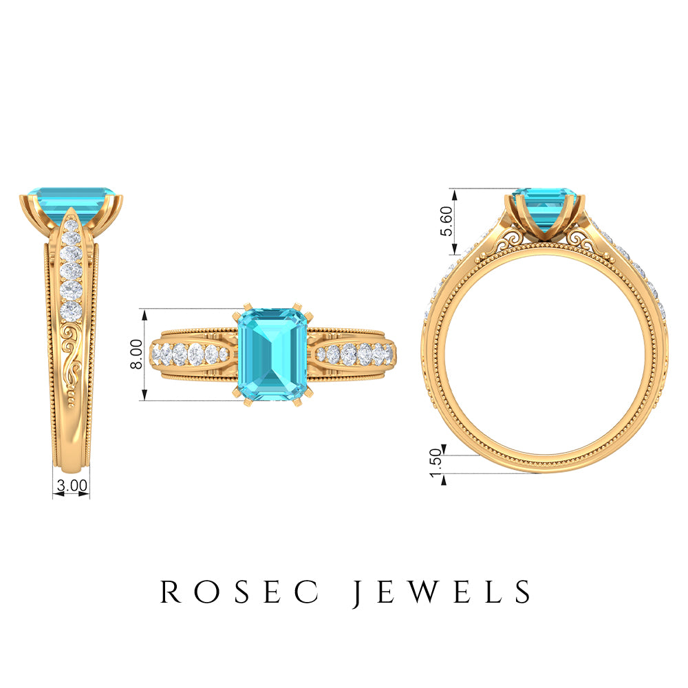 2.25 CT Emerald Cut Swiss Blue Topaz Solitaire Ring with Diamond Side Stones Swiss Blue Topaz - ( AAA ) - Quality - Rosec Jewels