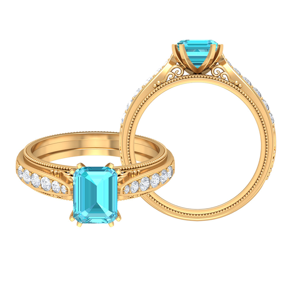 2.25 CT Emerald Cut Swiss Blue Topaz Solitaire Ring with Diamond Side Stones Swiss Blue Topaz - ( AAA ) - Quality - Rosec Jewels