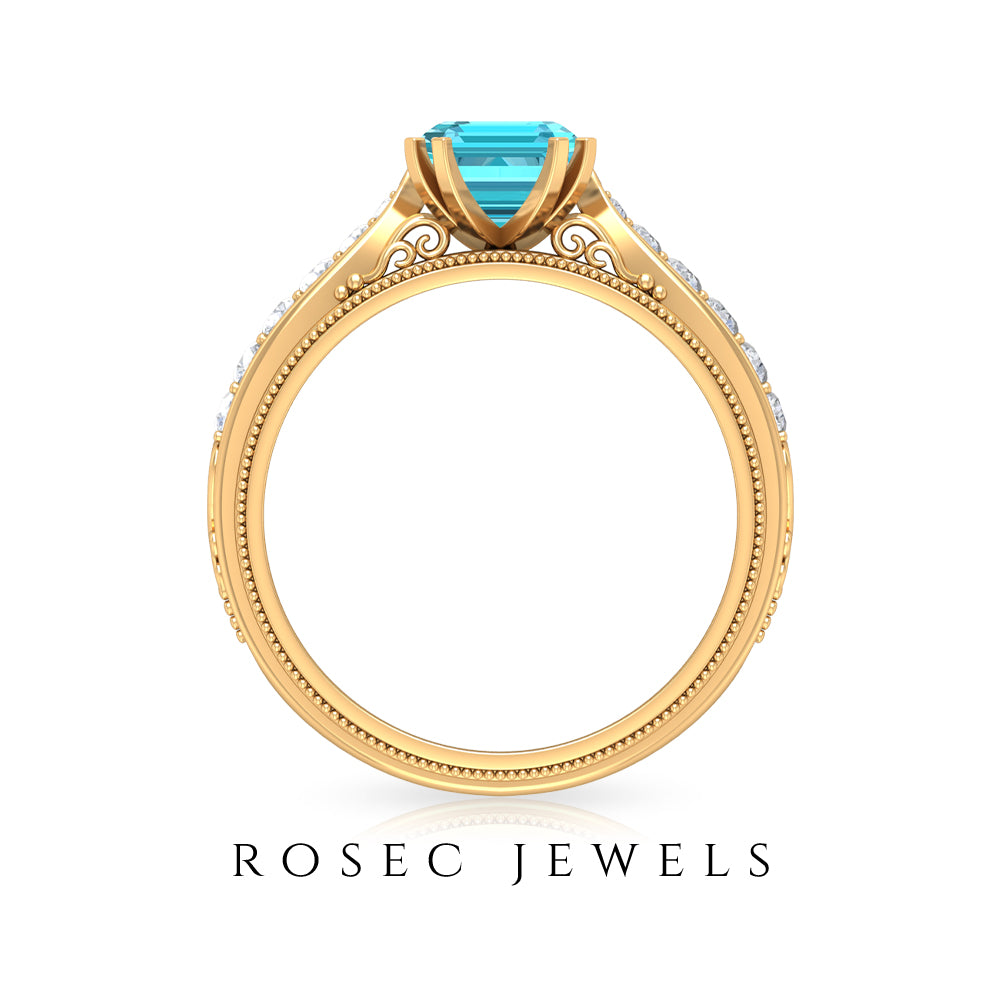 2.25 CT Emerald Cut Swiss Blue Topaz Solitaire Ring with Diamond Side Stones Swiss Blue Topaz - ( AAA ) - Quality - Rosec Jewels