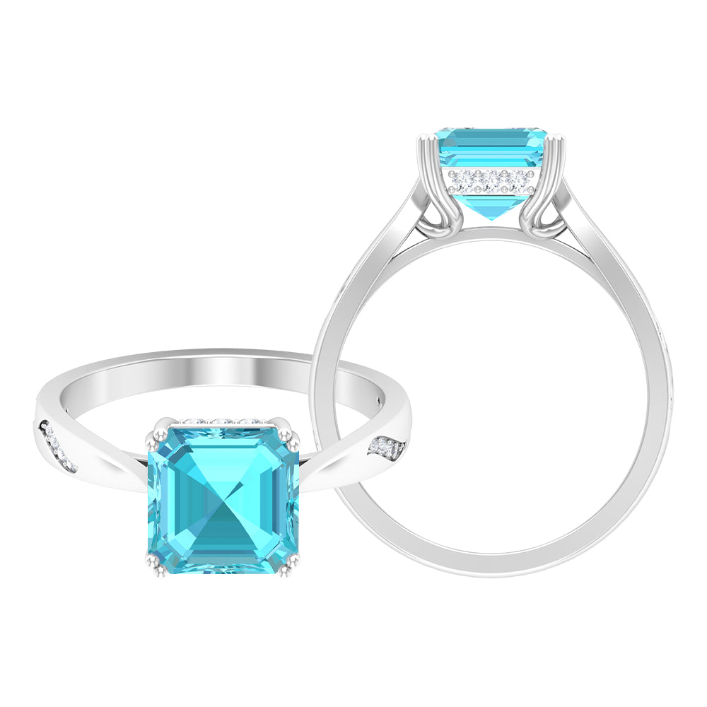 Asscher Cut Swiss Blue Topaz Solitaire Ring with Diamond Swiss Blue Topaz - ( AAA ) - Quality - Rosec Jewels