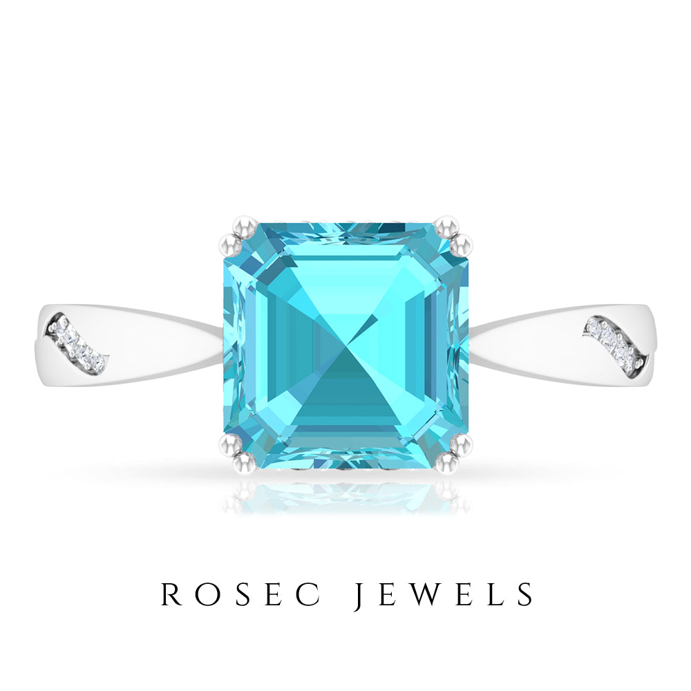 Asscher Cut Swiss Blue Topaz Solitaire Ring with Diamond Swiss Blue Topaz - ( AAA ) - Quality - Rosec Jewels