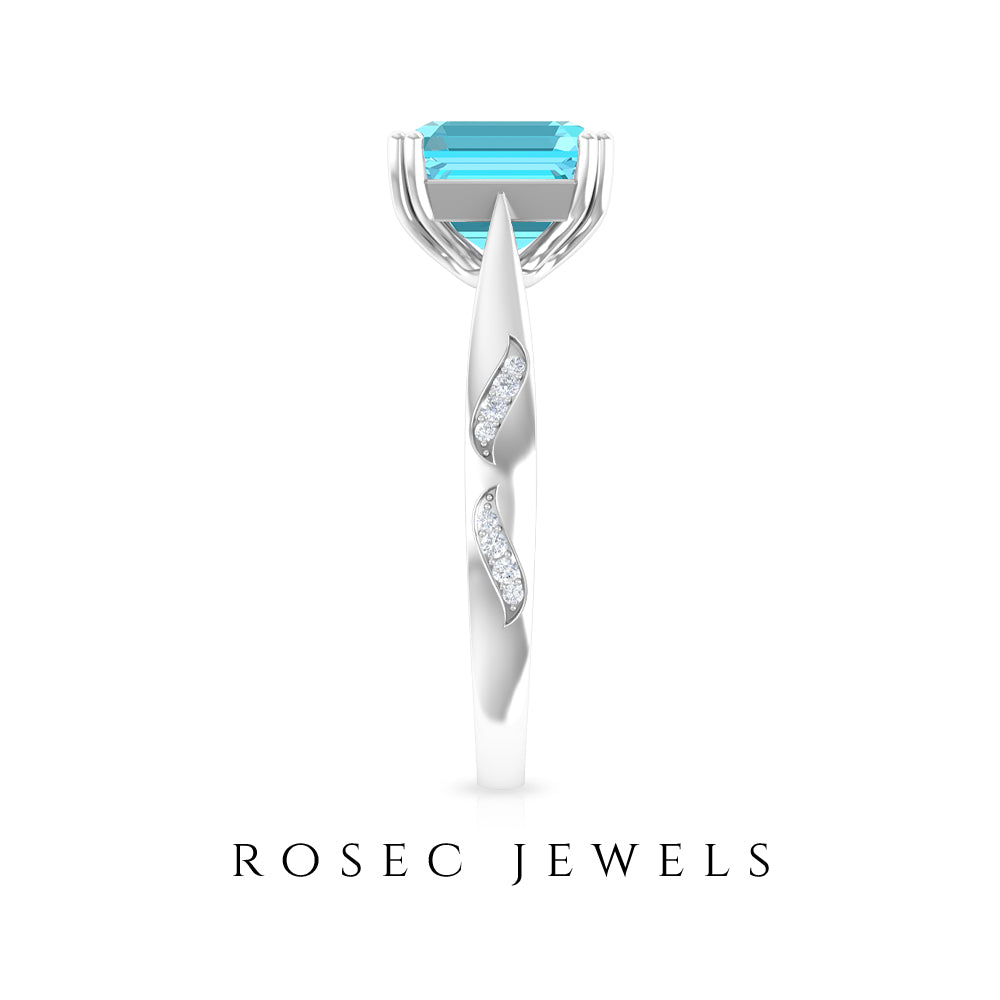 Asscher Cut Swiss Blue Topaz Solitaire Ring with Diamond Swiss Blue Topaz - ( AAA ) - Quality - Rosec Jewels