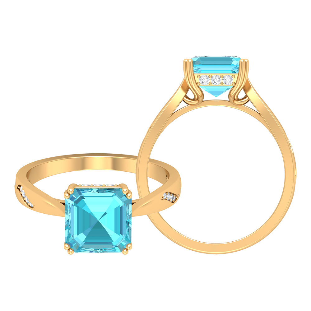 Asscher Cut Swiss Blue Topaz Solitaire Ring with Diamond Swiss Blue Topaz - ( AAA ) - Quality - Rosec Jewels