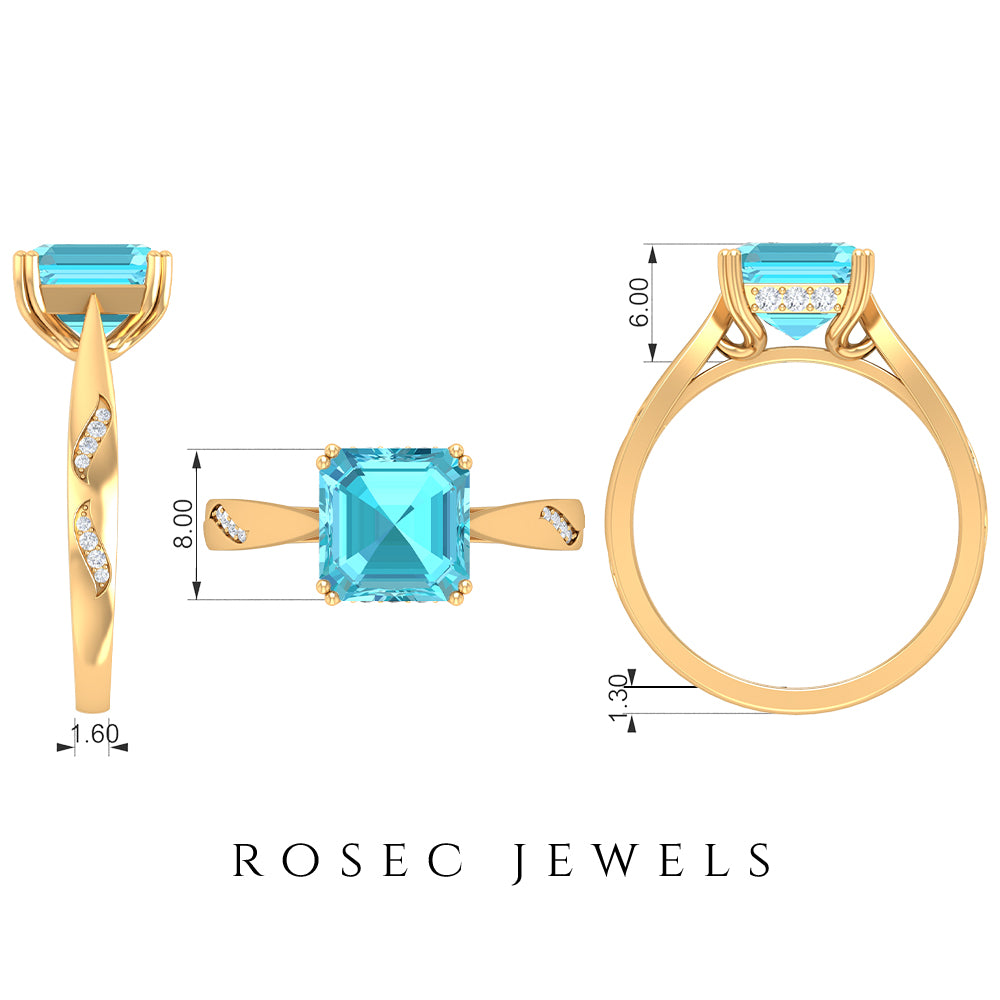 Asscher Cut Swiss Blue Topaz Solitaire Ring with Diamond Swiss Blue Topaz - ( AAA ) - Quality - Rosec Jewels