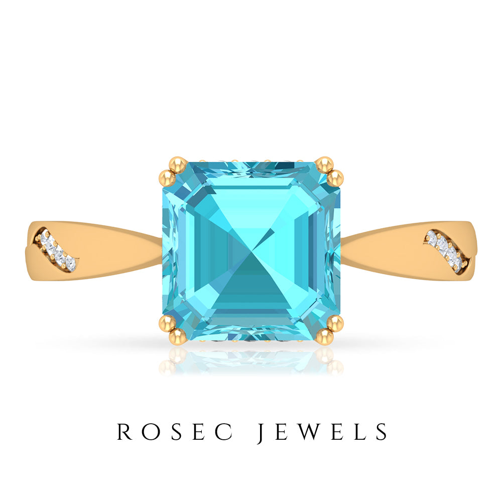 Asscher Cut Swiss Blue Topaz Solitaire Ring with Diamond Swiss Blue Topaz - ( AAA ) - Quality - Rosec Jewels