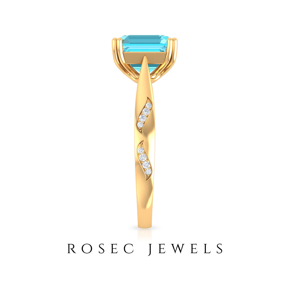 Asscher Cut Swiss Blue Topaz Solitaire Ring with Diamond Swiss Blue Topaz - ( AAA ) - Quality - Rosec Jewels