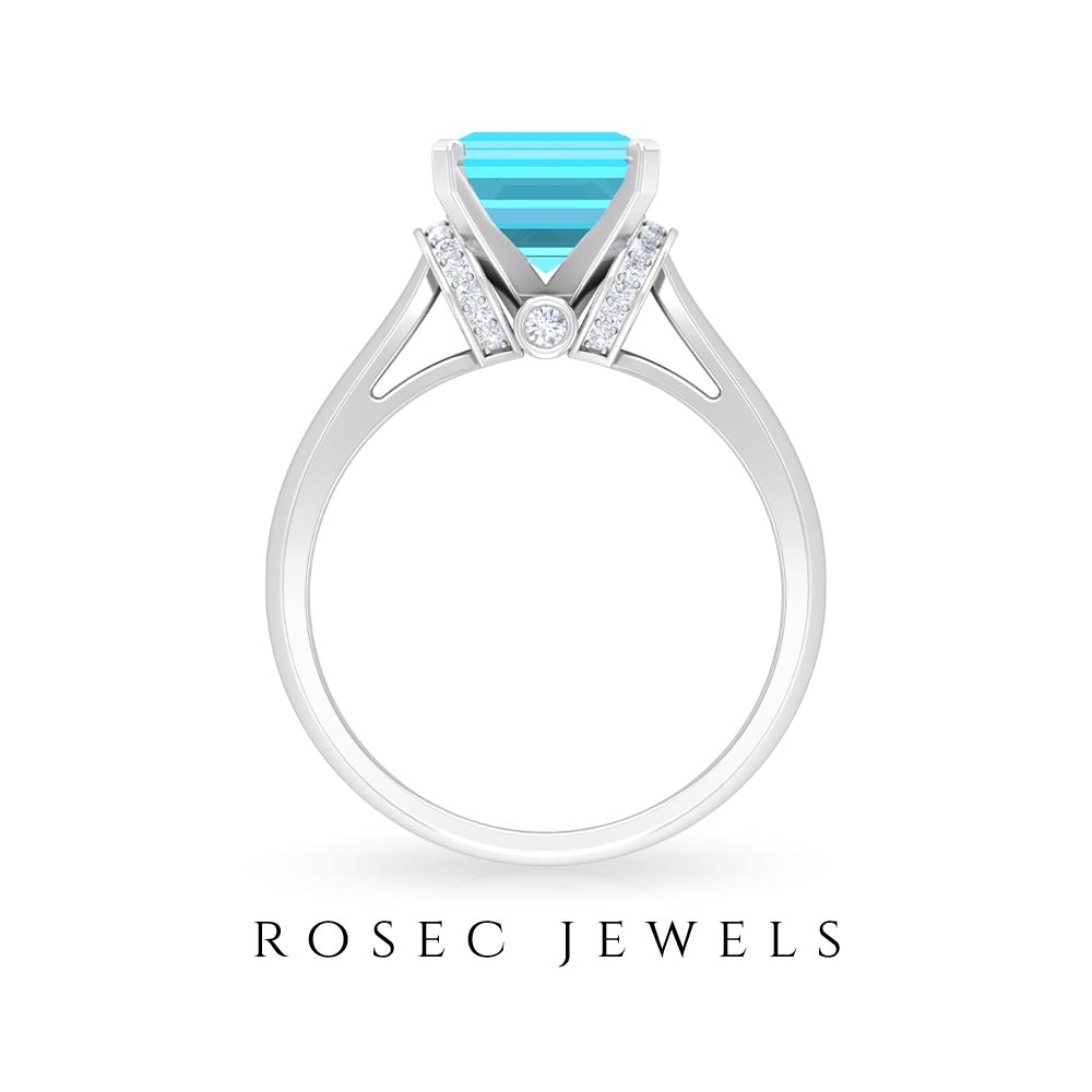 3.25 CT Asscher Cut Swiss Blue Topaz Solitaire Ring with Collar Diamond Swiss Blue Topaz - ( AAA ) - Quality - Rosec Jewels