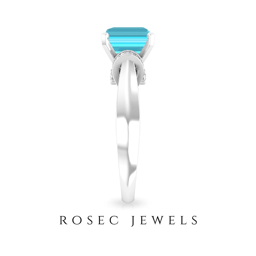 3.25 CT Asscher Cut Swiss Blue Topaz Solitaire Ring with Collar Diamond Swiss Blue Topaz - ( AAA ) - Quality - Rosec Jewels