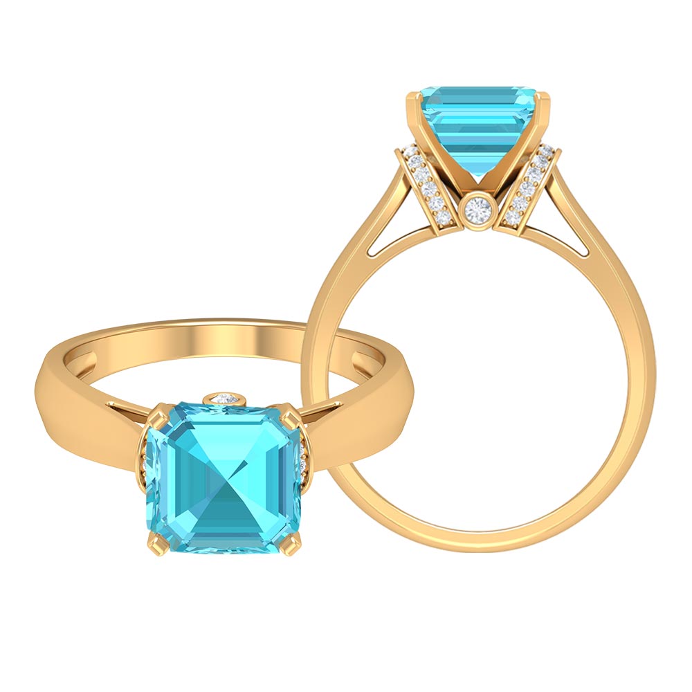 3.25 CT Asscher Cut Swiss Blue Topaz Solitaire Ring with Collar Diamond Swiss Blue Topaz - ( AAA ) - Quality - Rosec Jewels