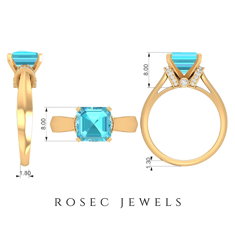 3.25 CT Asscher Cut Swiss Blue Topaz Solitaire Ring with Collar Diamond Swiss Blue Topaz - ( AAA ) - Quality - Rosec Jewels