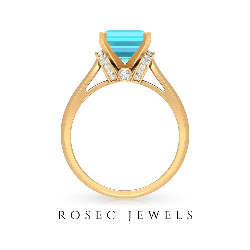 3.25 CT Asscher Cut Swiss Blue Topaz Solitaire Ring with Collar Diamond Swiss Blue Topaz - ( AAA ) - Quality - Rosec Jewels